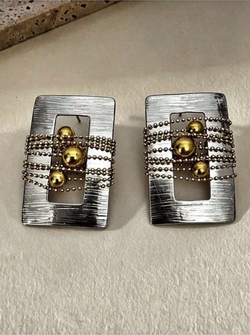 Sculptural Mixed Metal Rectangle Earrings